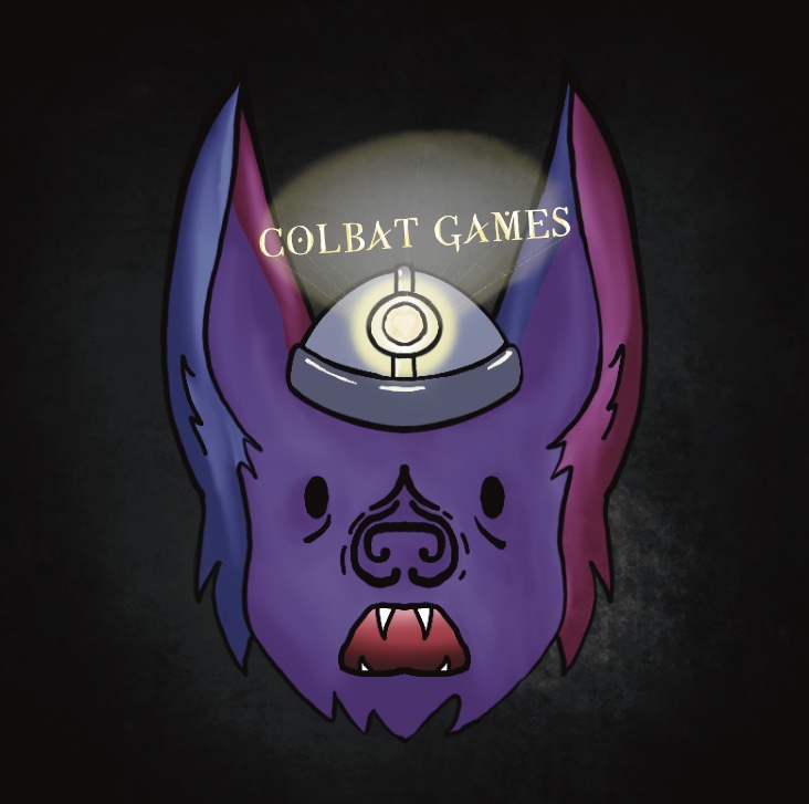 a bat with a miner's helmet, lighting up the words 'Colbat Games'